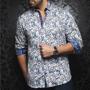 Men's Blue and White Floral Long-Sleeve Button-Down Shirt